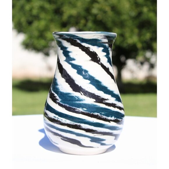 Ceramic Porcelain Marbled Blue and Black Vase Art Studio Pottery Signed - Picture 2 of 9